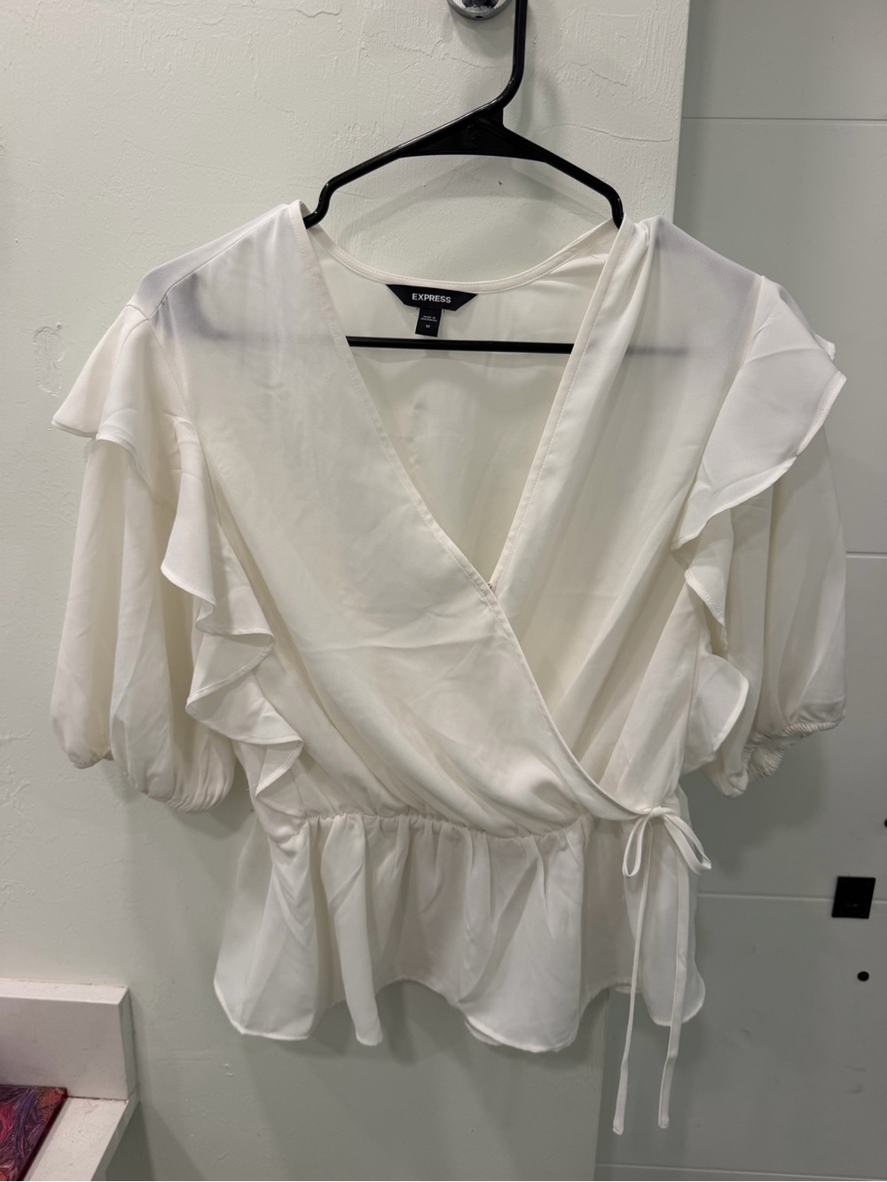 Express White Wrap Peplum Blouse | Tie Waist Top - Medium